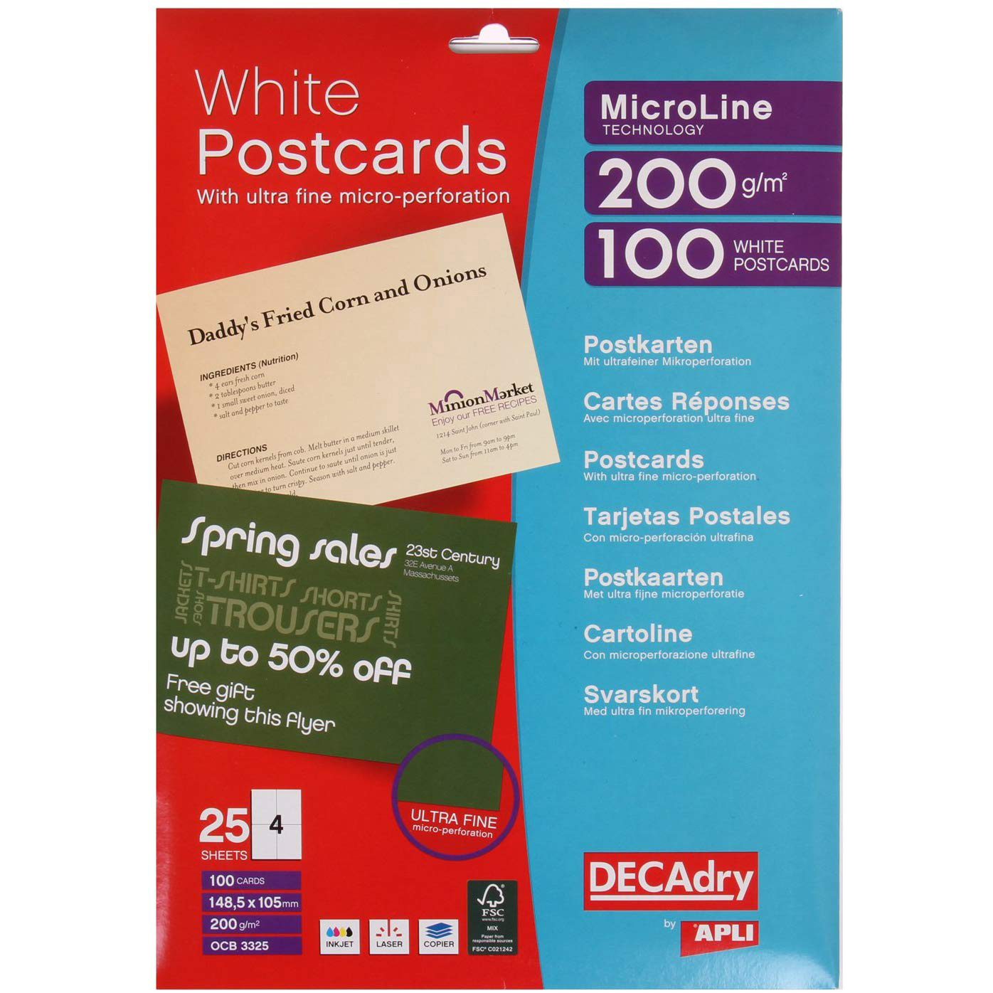 Original Decadry 200gsm A4 148.5x105mm Micro-perforated Wheet Postcard Sheets - 100 Cards (OCB3325)