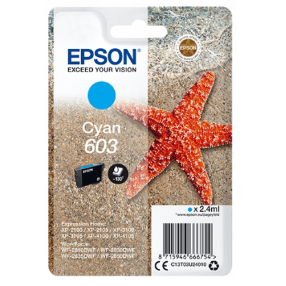 Original Epson 603 Cyan Ink Cartridge (C13T03U24010) T03U2 Starfish
