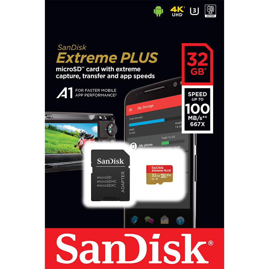Original SanDisk Extreme 32GB MicroSDHC Memory Card + SD Adapter (SDSQXBG-032G-GN6MA)