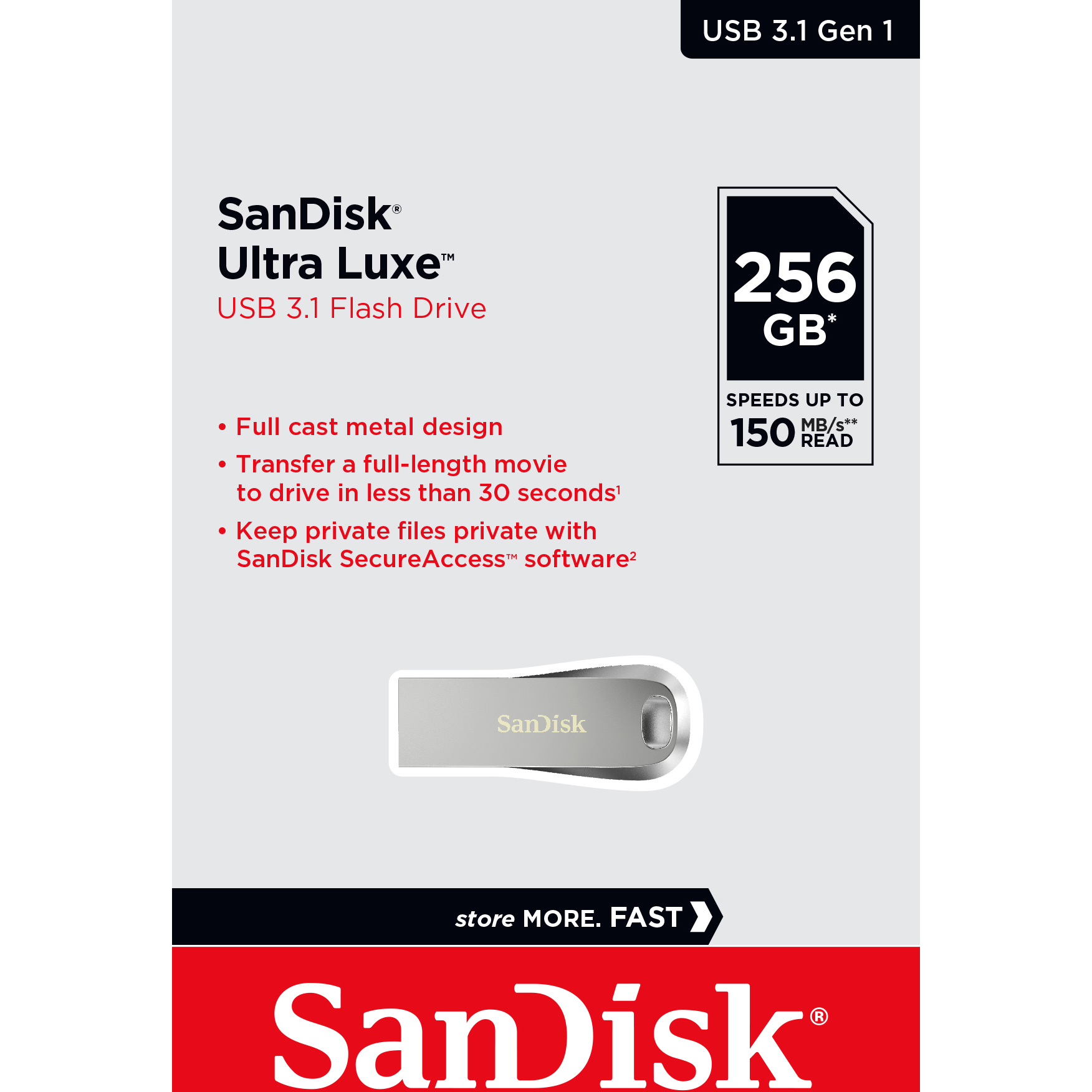 Original SanDisk Ultra Luxe 256GB Silver USB 3.1 Flash Drive (SDCZ74-256G-G46)