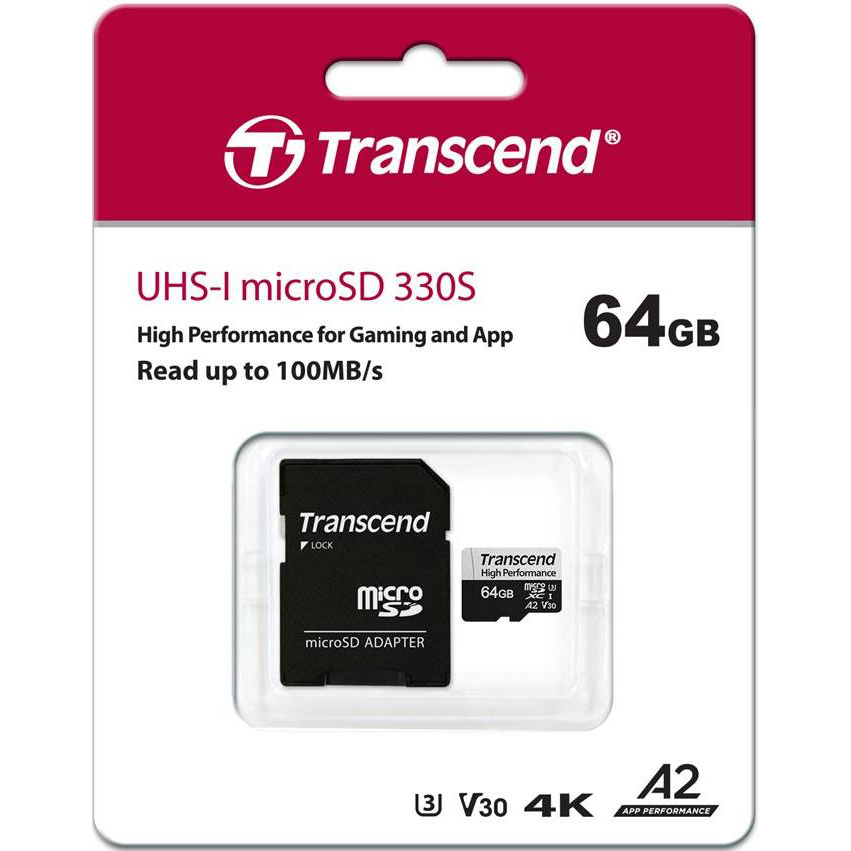 Original Transcend 330S 64GB MicroSDXC High Performance Memory Card (TS64GUSD330S)