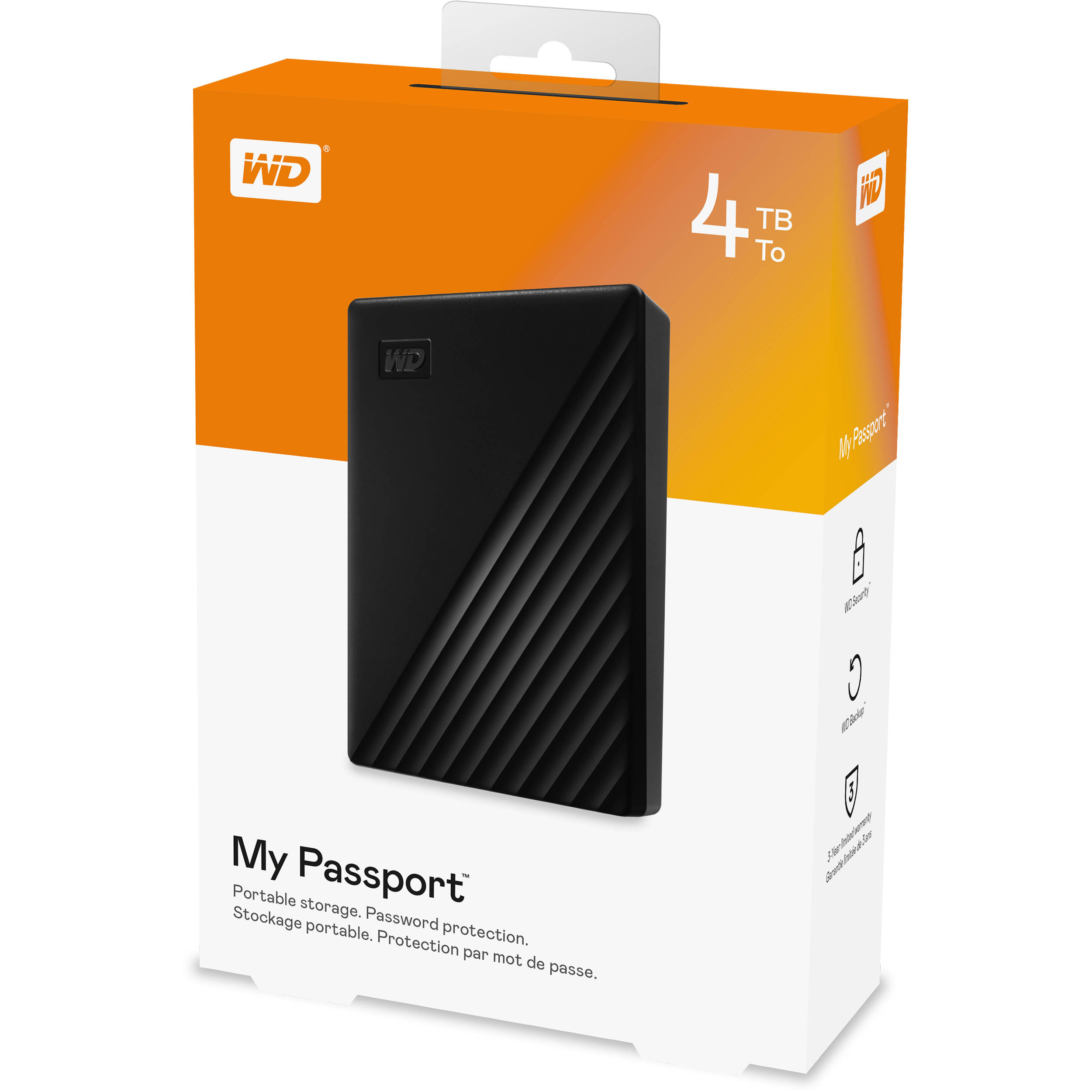 Original Western Digital 4TB My Passport Black USB 3.2 Gen 1 Portable Hard Drive (WDBPKJ0040BBK-WESN)