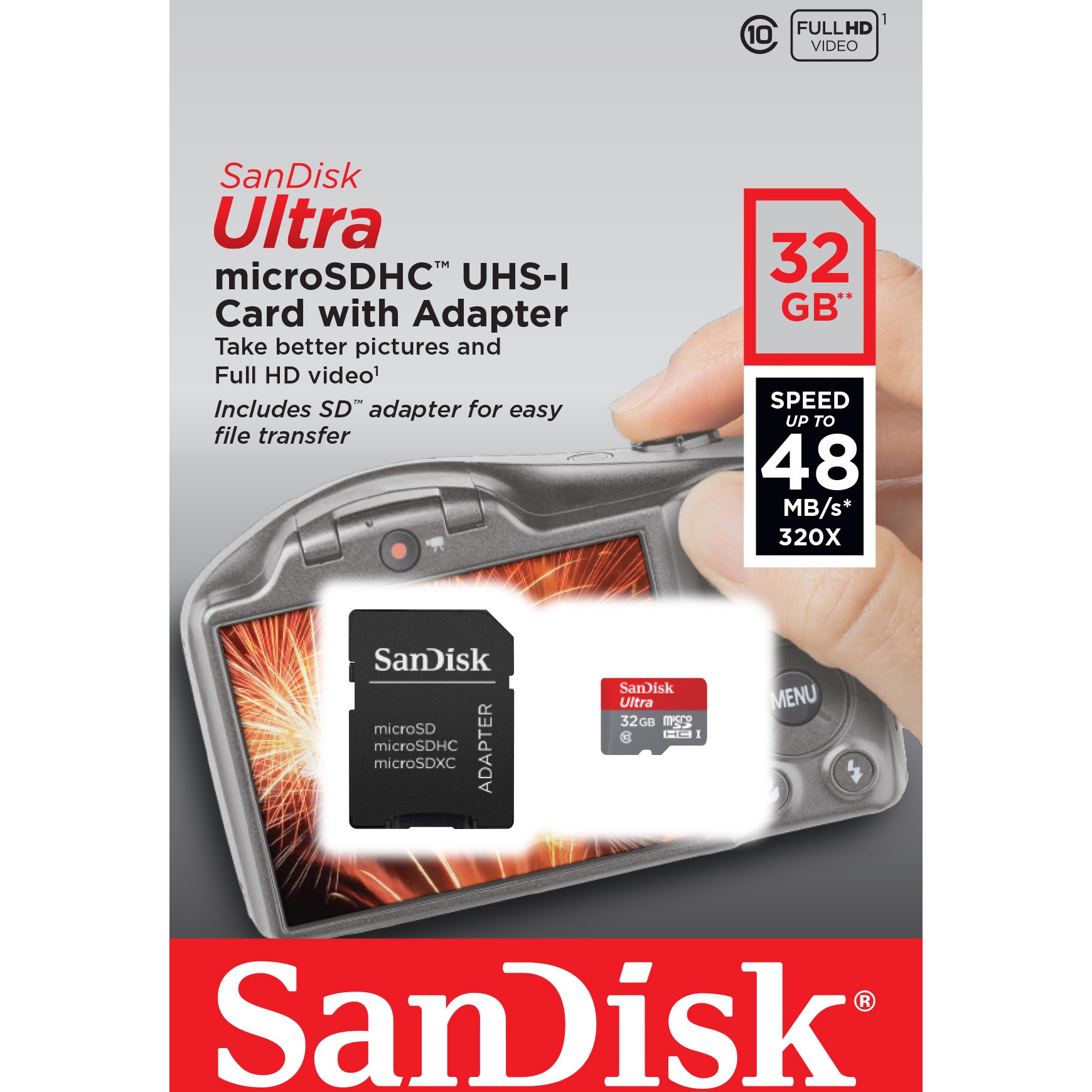 Original SanDisk Ultra High Speed Class 10 32GB MicroSDHC Card + SD Adaptor (SDSDQUIN-032G-G4)