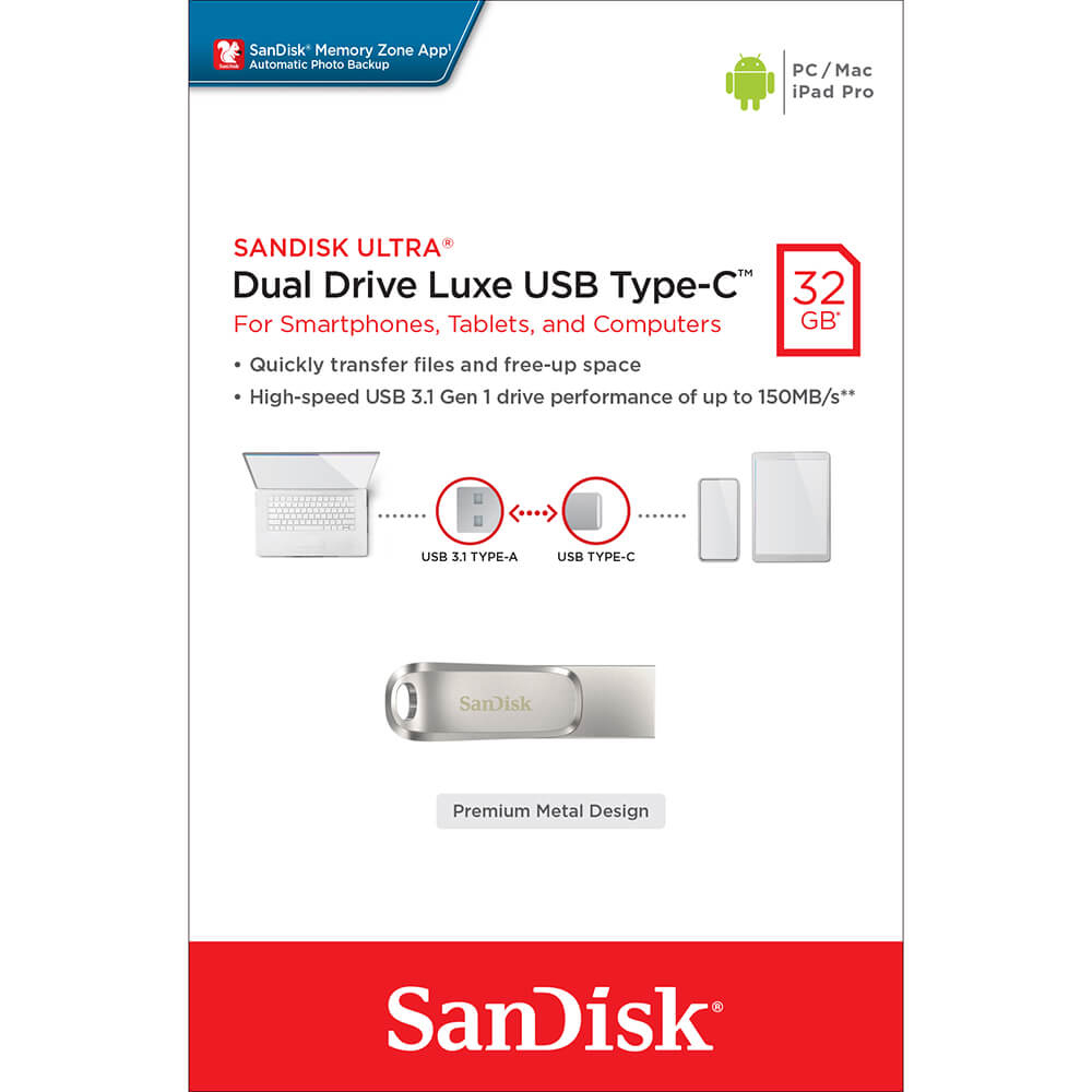 Original SanDisk Ultra 32GB Dual Drive Luxe USB Type C Flash Drive (SDDDC4-032G-G46)