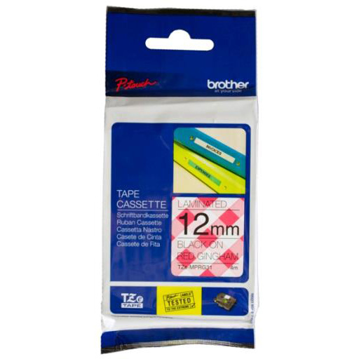 Original Brother TZE-MPRG31 Black on Red Gingham 12mm x 4m Plastic Labelling Tape (TZEMPRG31)