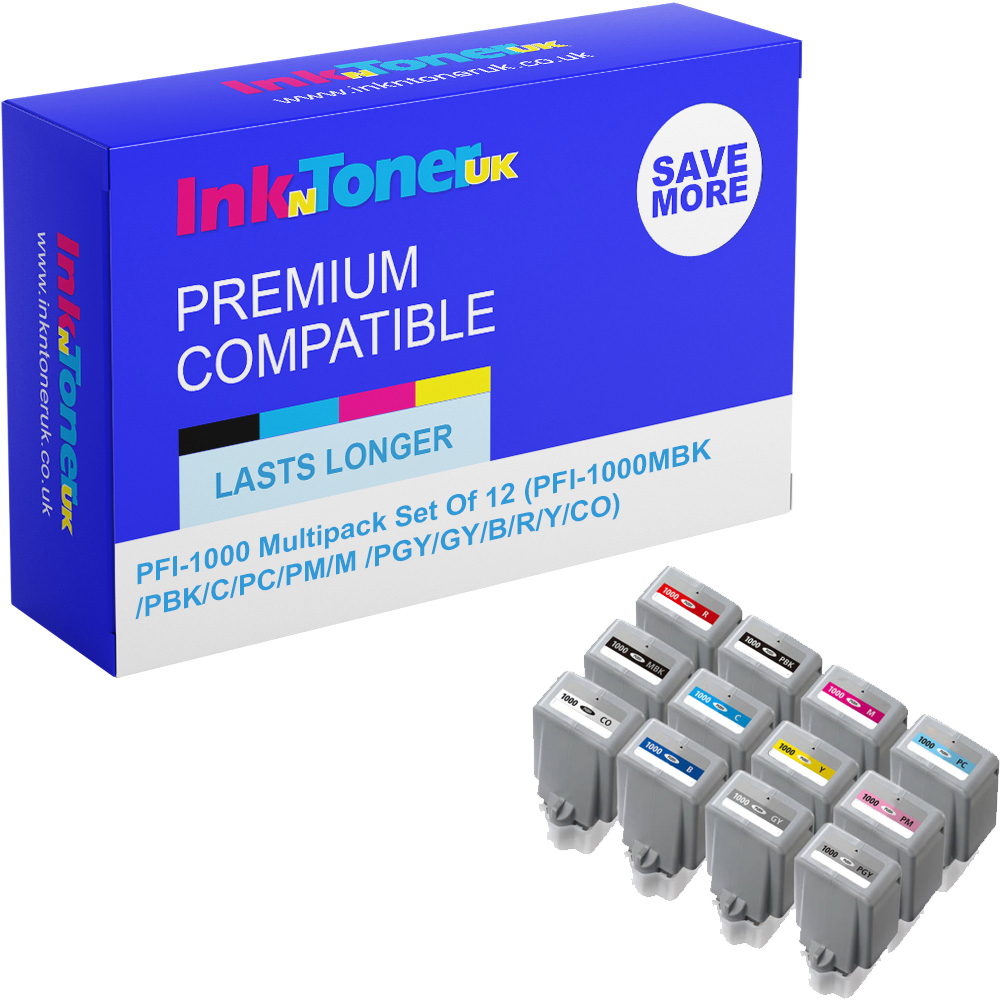 Premium Compatible Canon PFI-1000 Multipack Set Of 12 Ink Cartridges (PFI-1000MBK /PBK/C/PC/PM/M /PGY/GY/B/R/Y/CO)