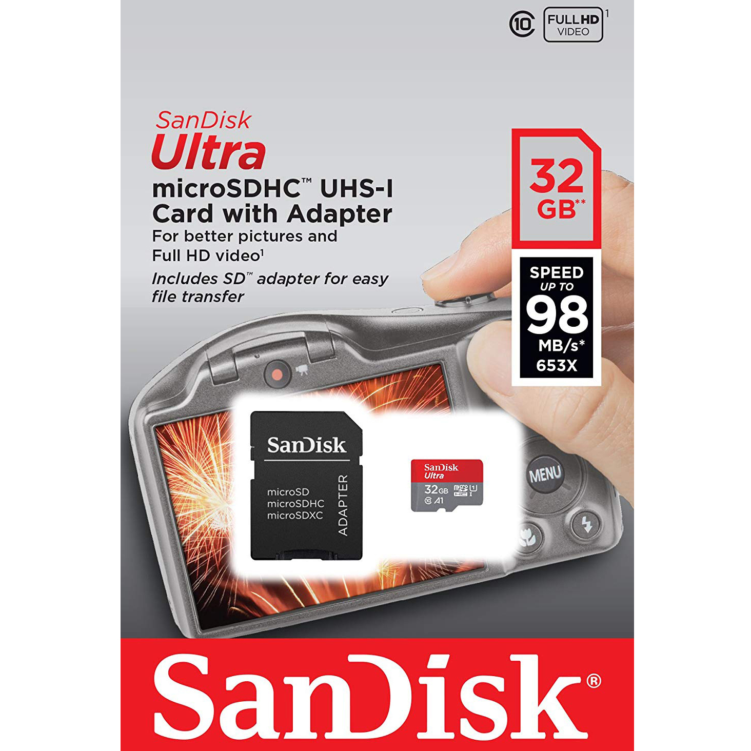 Original SanDisk 32GB Class 10 MicroSDHC Memory Card + SD Adapter (SDSQUAR-032G-GN6MAKTS)