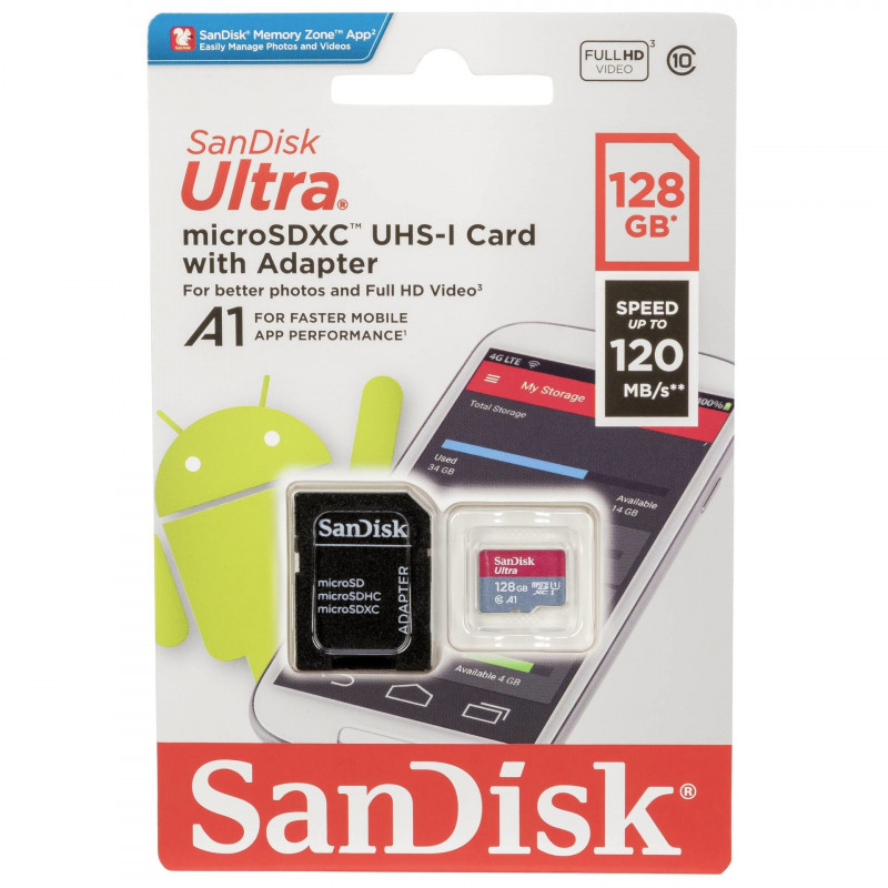 Original SanDisk Ultra A1 Class 10 128GB MicroSDHC Memory Card (SDSQUA4-128G-GN6MA)