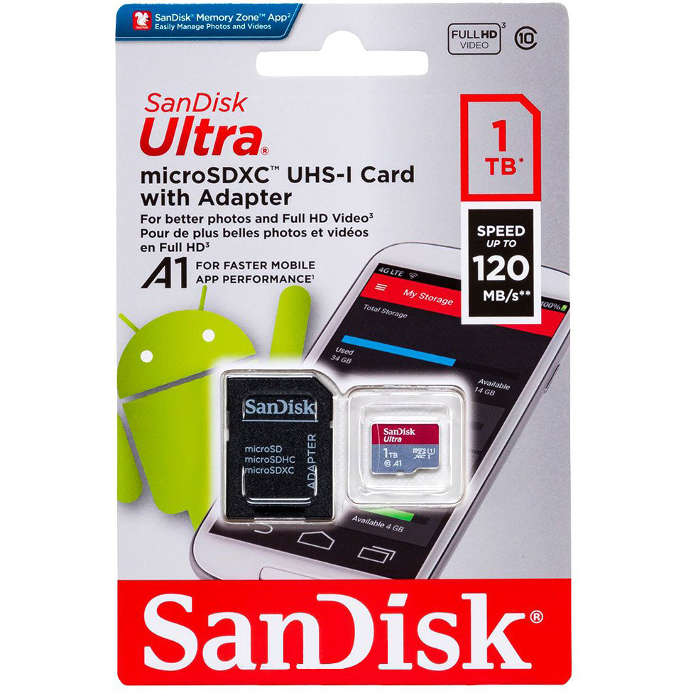 Original SanDisk Ultra Class 10 1TB MicroSDXC + SD Adapter Flash Memory Card (SDSQUA4-1T00-GN6)