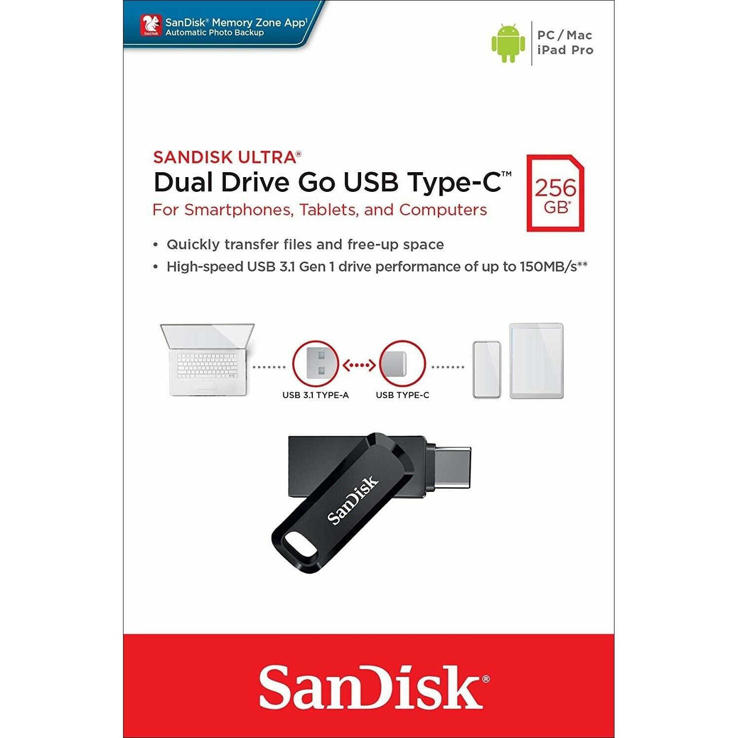 Original SanDisk Ultra Dual Drive Go 256GB Black USB Type-A / USB Type-C Flash Drive (SDDDC3-256G-G46)