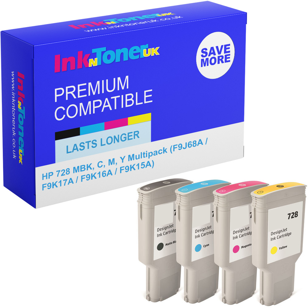 Premium Compatible HP 728 MBK, C, M, Y Multipack Extra High Capacity Ink Cartridges (F9J68A / F9K17A / F9K16A / F9K15A)