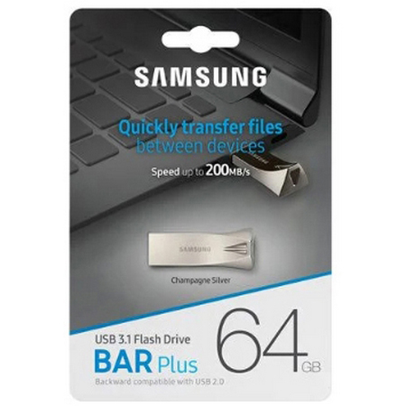 Original Samsung BAR Plus 64GB Silver USB 3.1 Flash Drive (MUF-64BE3/APC)