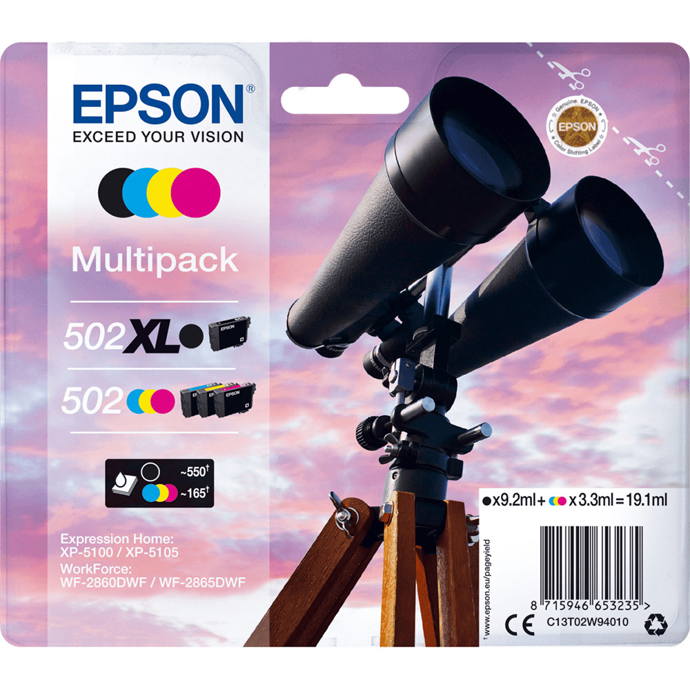 Original Epson 502XL/502 CMYK Multipack Ink Cartridges (C13T02W94010) T02W9 Binoculars