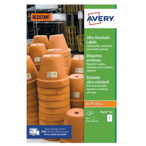 Original Avery Ultra Resistant Labels 210 X 297Mm 1 Label 20 Labels (B4775-20)