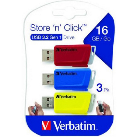 Original Verbatim Store N Click Usb 3.0 3X16Gb R/B/Y (49306)