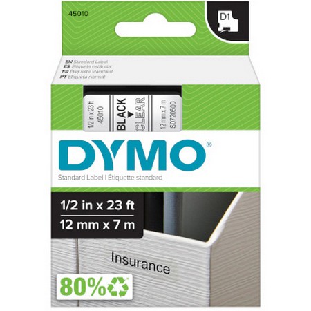 Original Dymo 45010 Black On Clear 12mm x 7m D1 Label Tape (S0720500)