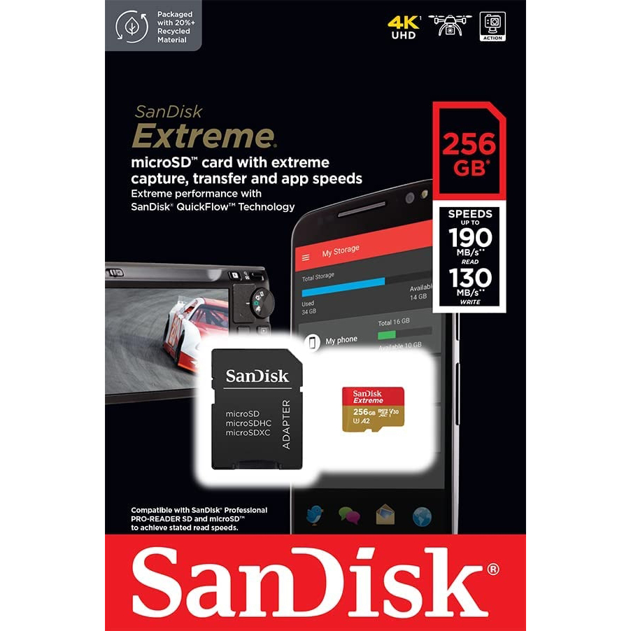 Original Sandisk 256Gb Extreme Class 3 Microsd Memory Card And Adapter (SDSQXAV-256G-GN6MA)