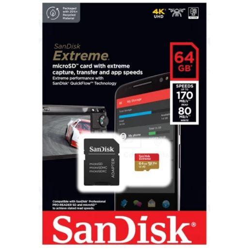 Original Sandisk Extreme 64Gb Class 10 Microsdxc Memory Card And Adapter (SDSQXAH-064G-GN6MA)