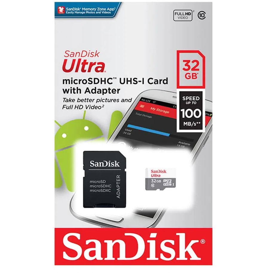 Original Sandisk Ultra Class 10 100Mbs Microsdxc Memory Card And Adapter (SDSQUNR-032G-GN3MA)