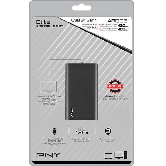 Original Pny Elite 480Gb Usb 3.1 Portable External Solid State Drive (PSD1CS1050-480-FFS)