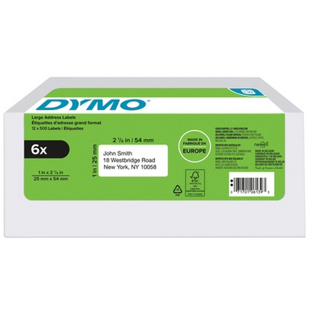 Original Dymo Labelwriter Self Adhesive Return Address Labels 25X54Mm (Pack Of 6 Rolls Of 500 Labels) (2177564)