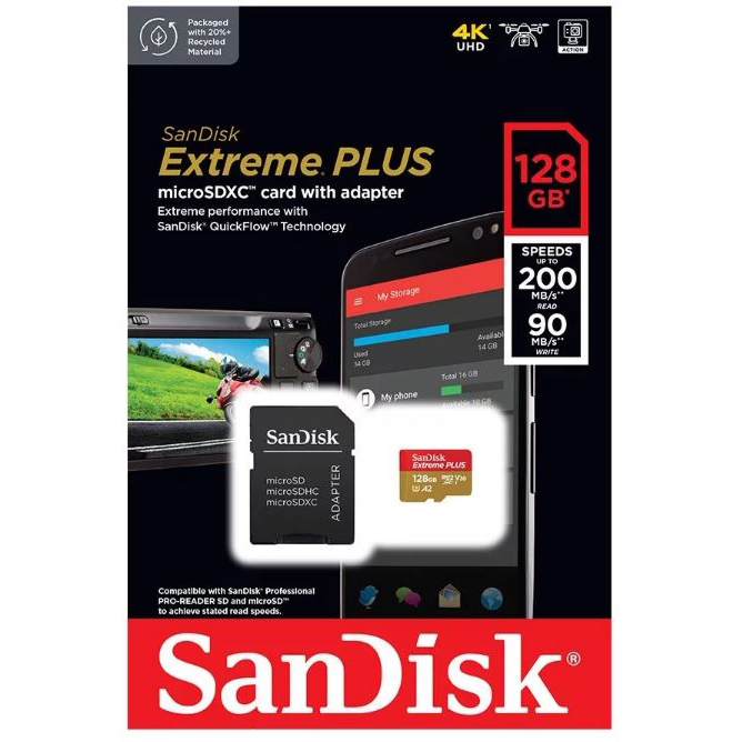 Original Sandisk Extreme Plus 128Gb Microsdxc U3 Uhd 4K A2 V30 Memory Card With Sd Card Adapter (SDSQXBD-128G-GN6MA)