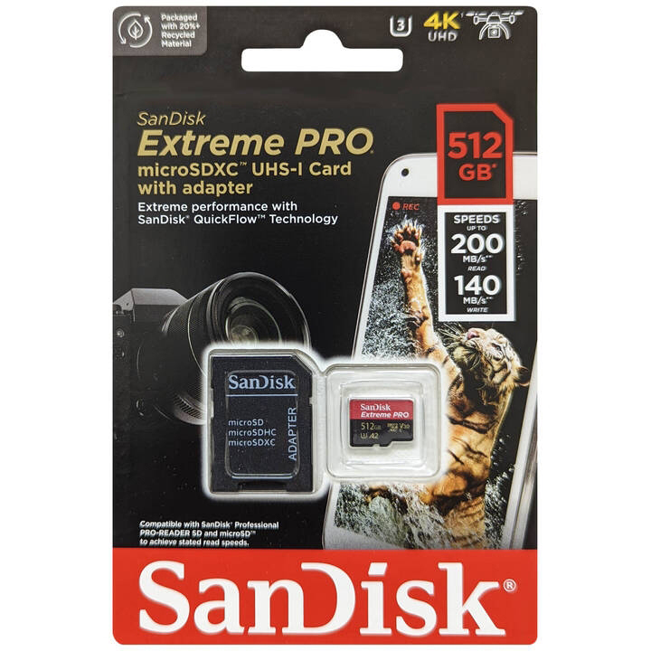 Original Sandisk Extreme Pro 512Gb Microsdxc Uhs-I Class 10 Memory Card And Adapter (SDSQXCD-512G-GN6MA)