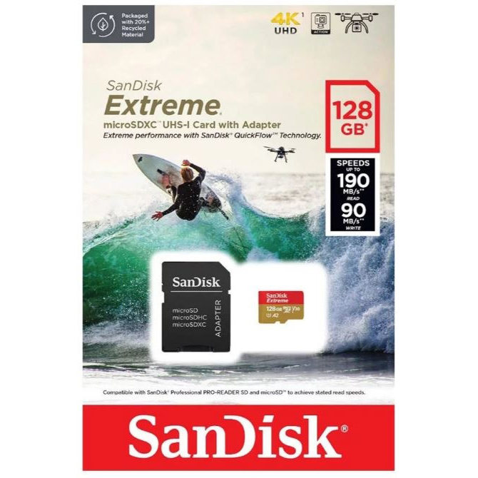 Original Sandisk Extreme 128Gb Class 3 Microsdxc Memory Card And Adapter (SDSQXAA-128G-GN6AA)