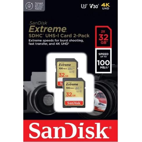 Original Sandisk Extreme 32Gb Sdhc Memory Card 2 Pack (SDSDXVT-032G-GNCI2)