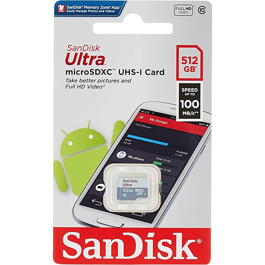 Original Sandisk Ultra 512Gb Microsdxc Uhs-I Class 10 Memory Card (SDSQUNR-512G-GN3MN)