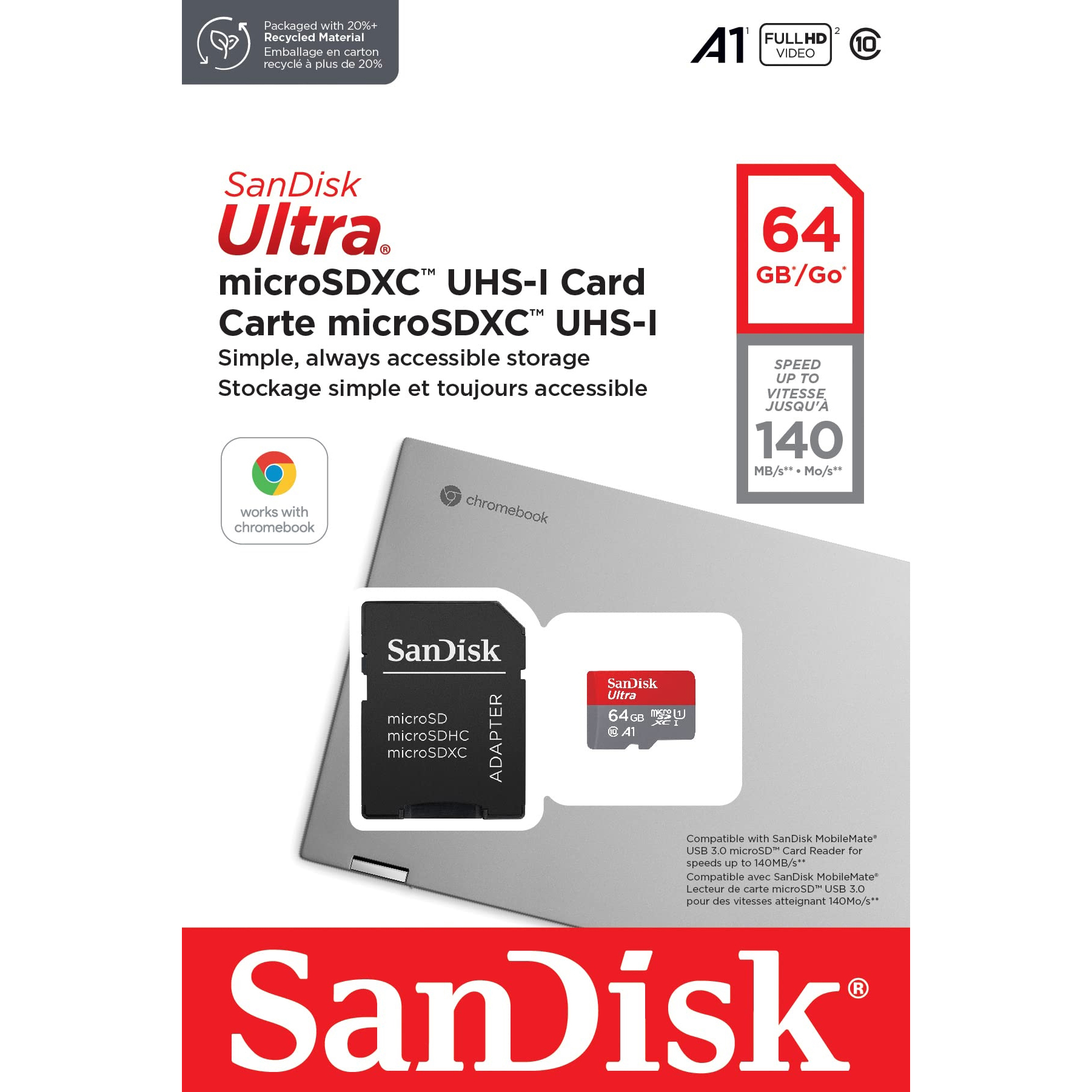 Original Sandisk Ultra 64Gb Microsdxc Uhs-I Class 10 Memory Card For Chromebook (SDSQUAB-064G-GN6FA)