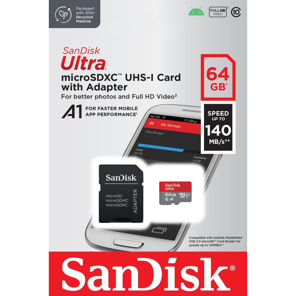 Original Sandisk Ultra 64Gb Sdxc Uhs-I Class 10 Memory Card And Adapter (SDSQUAB-064G-GN6MA)