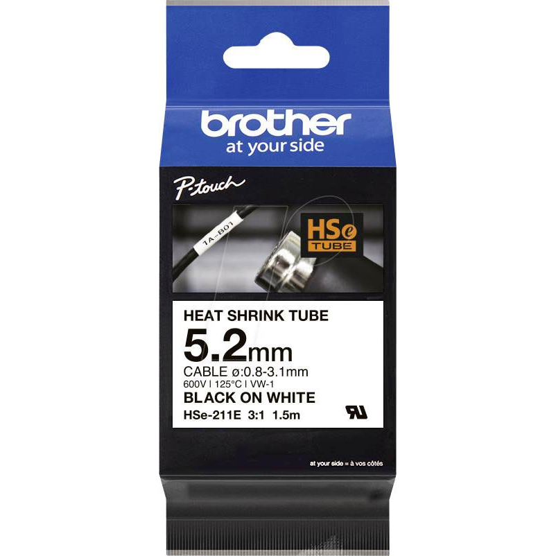 Original Brother HSE-211E Black On White Heat Shrink Tube Tape 5.2mm x 1.5m (HSE211E)