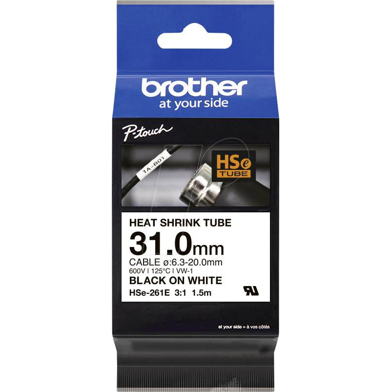 Original Brother HSE-261E Black On White Heat Shrink Tube Tape 31mm x 1.5m (HSE261E)