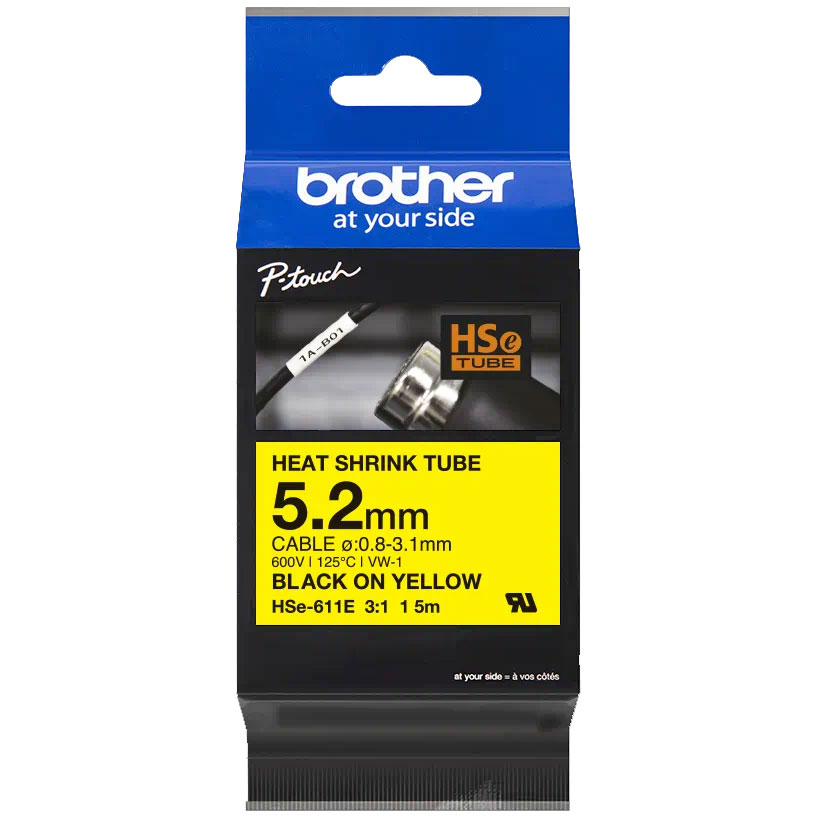 Original Brother HSE-611E Black On Yellow Heat Shrink Tube Tape 5.2mm x 1.5m (HSE611E)