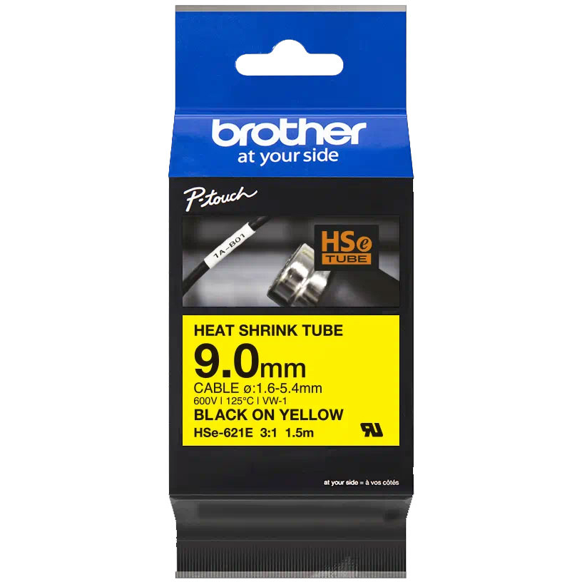 Original Brother HSE-621E Black On Yellow Heat Shrink Tube Tape 9mm x 1.5m (HSE621E)