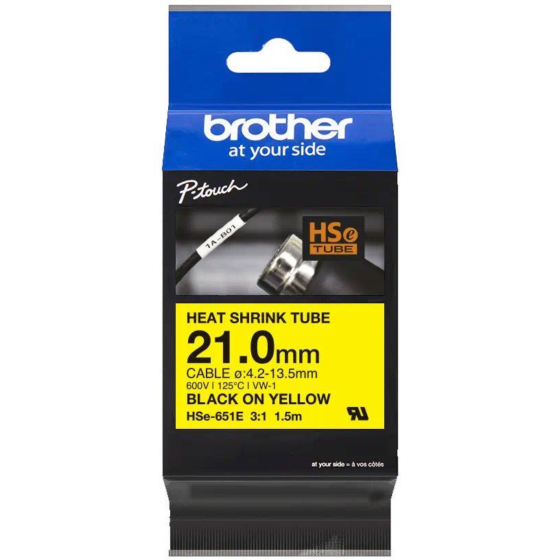 Original Brother HSE-651E Black On Yellow Heat Shrink Tube Tape 21mm x 1.5m (HSE651E)