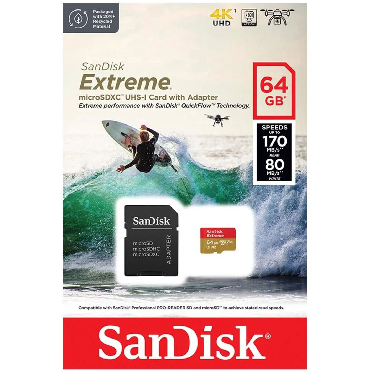 Original SanDisk Extreme 64Gb Microsdxc Uhs-I Class 10 Action Cams And Drones Memory Card And Adapter (SDSQXAH-064G-GN6AA)