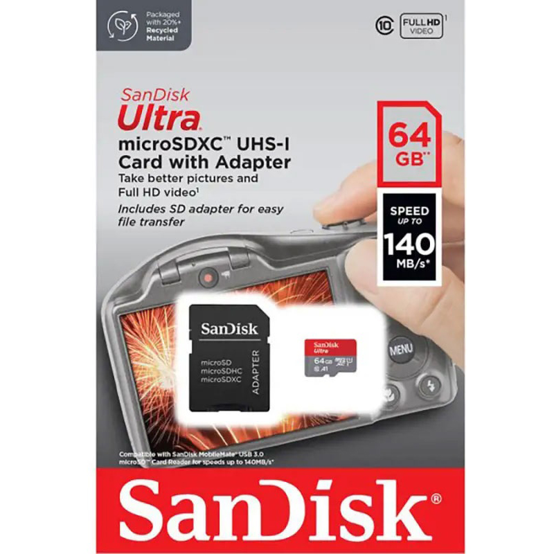 Original SanDisk Ultra 64Gb A1 Uhs-I U1 Class10 Microsdxc Memory Card And Adapter (SDSQUAB-064G-GN6IA)