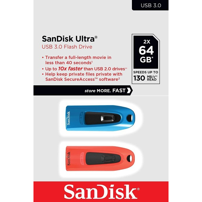 Original SanDisk Ultra 64Gb Usb 3.0 Flash Drive Twin Pack Blue And Red (SDCZ48-064G-G46BR2)
