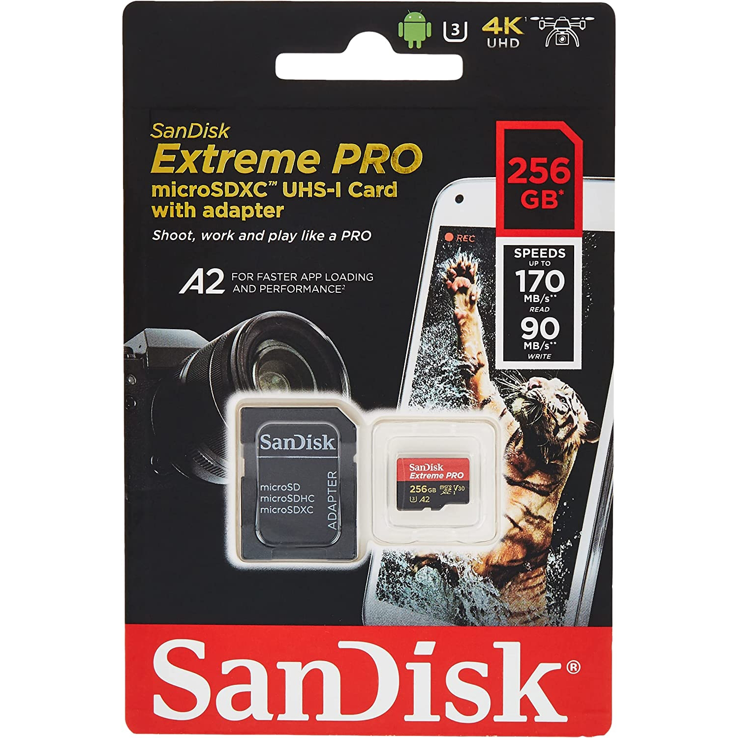 Original Sandisk Extreme Pro 256Gb Microsdxc Uhs-I Class 10 Memory Card And Adapter (SDSQXCD-256G-GN6MA)