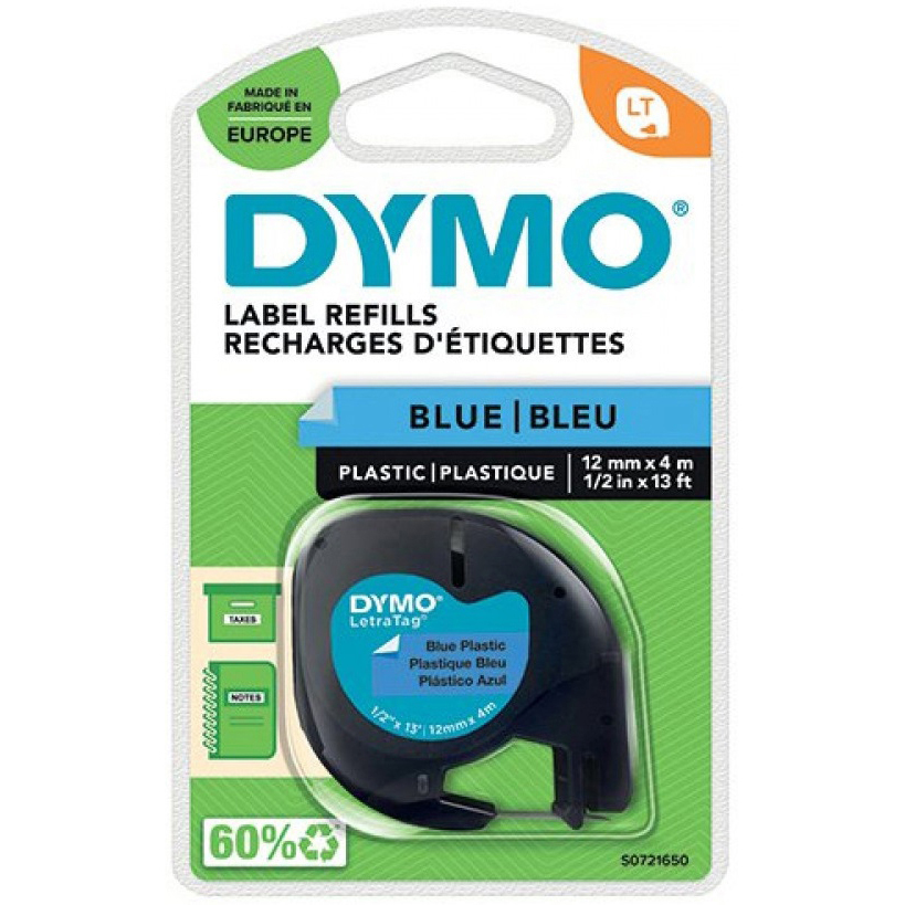 Original Dymo 91205 Black On Blue 12mm x 4m LetraTag Adhesive Label Plastic Tape (S0721650)
