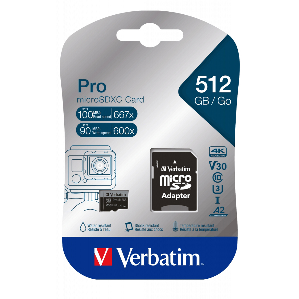 Original Verbatim Micro Sdxc Card Pro U3 C10 A2 512Gb Incl Adatr (47046)