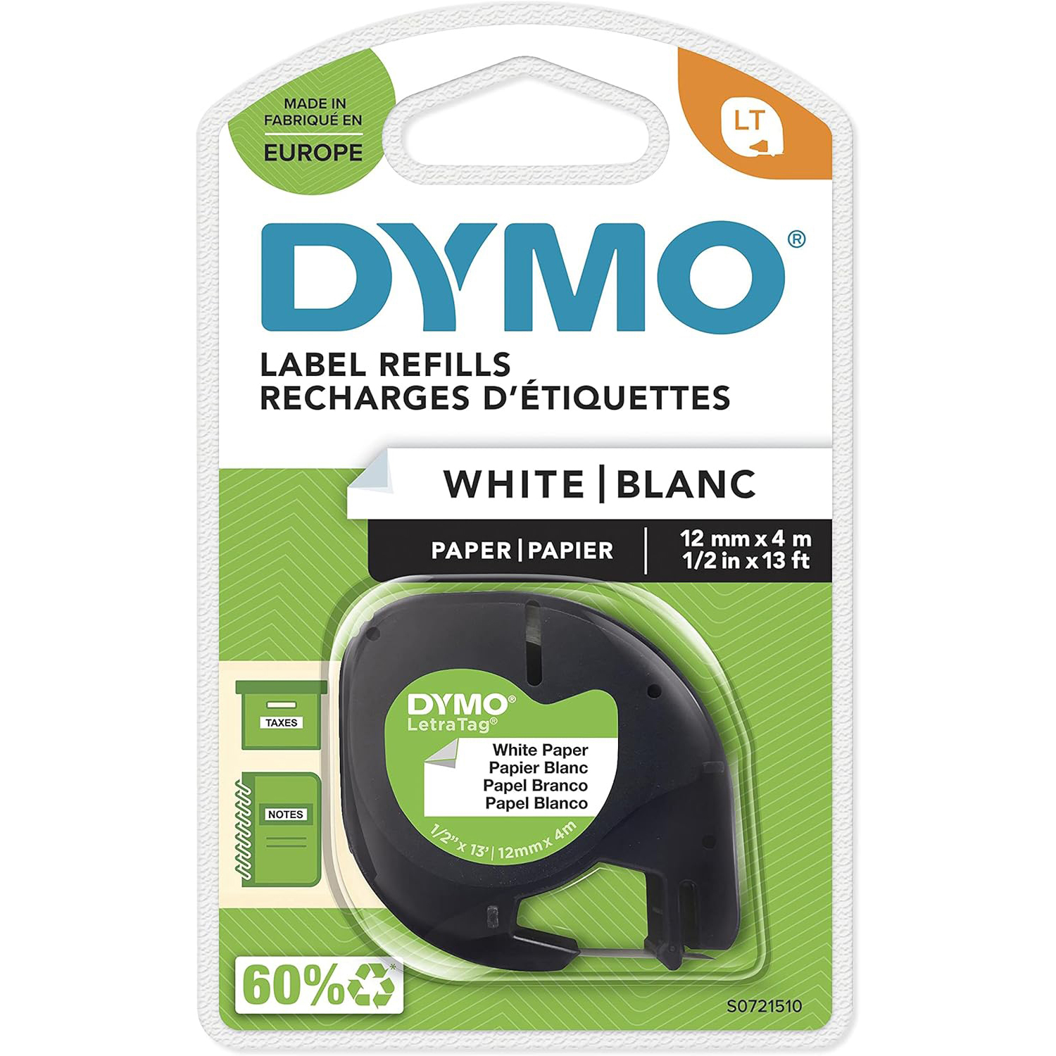 Original Dymo S0721510 Black On White 12mm x 4m Paper LetraTag Label Tape (91200)