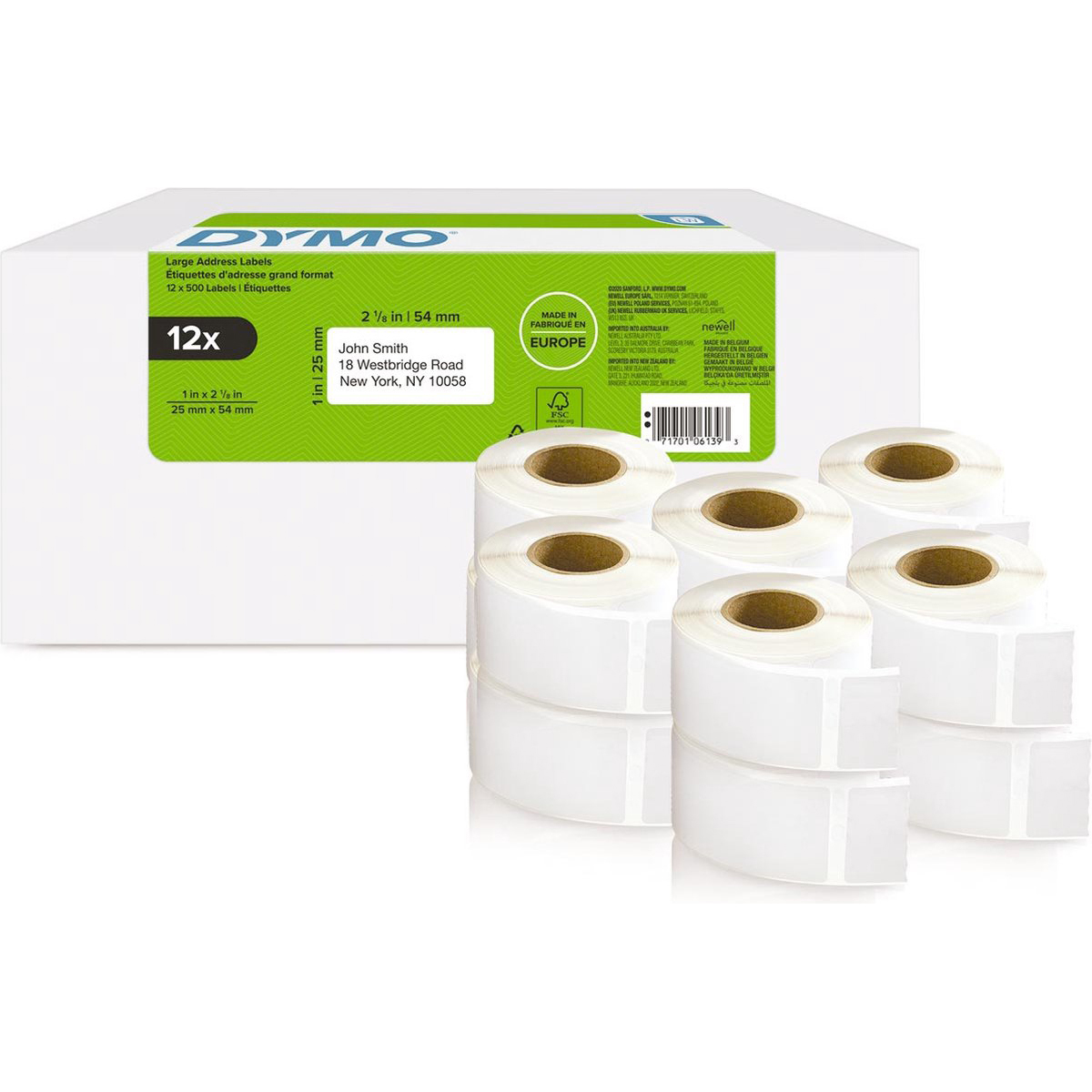 Original Dymo Labelwriter Return Address Labels 25 X 54Mm Self-Adhesive White (Pack Of 12) (2177563)