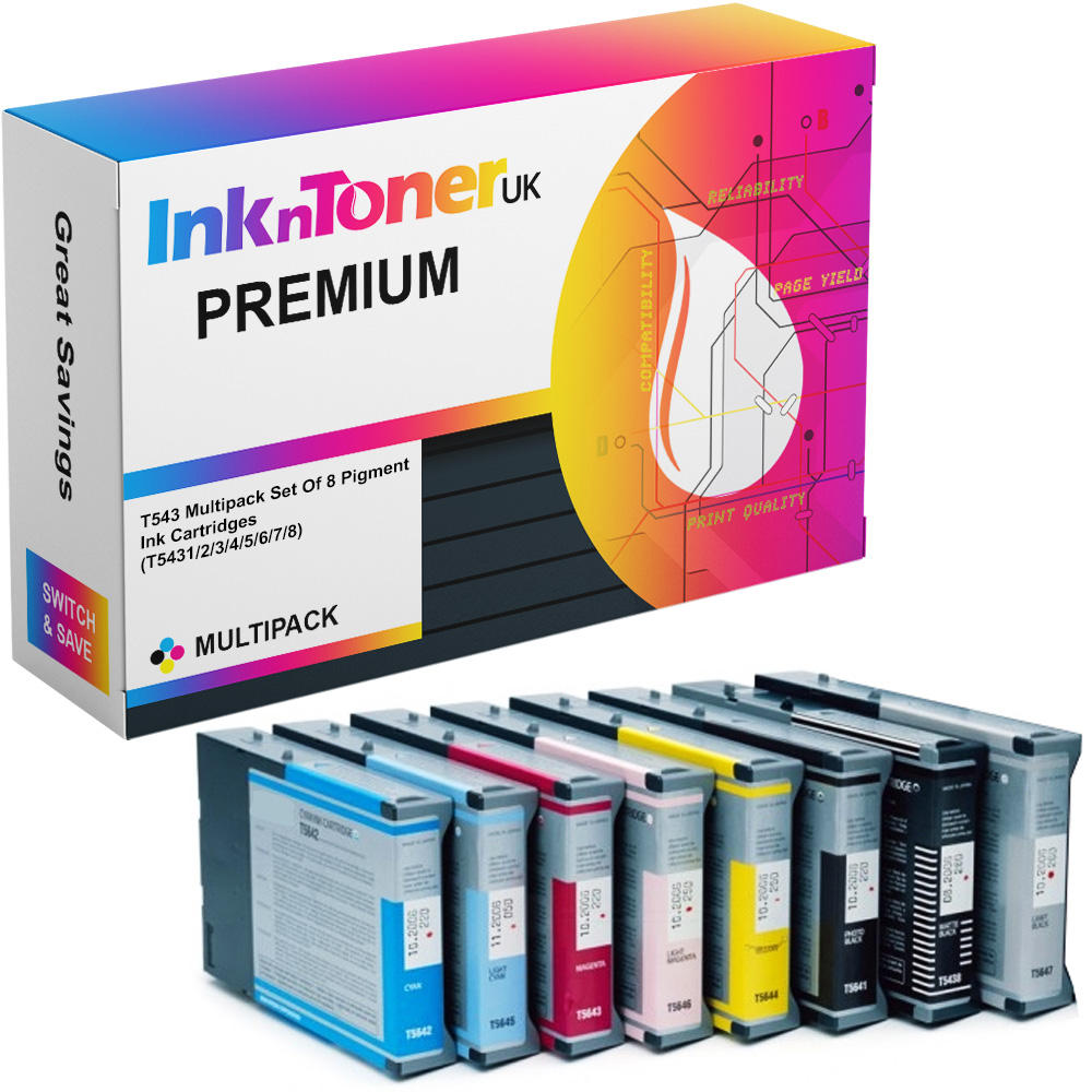Premium Compatible Epson T543 Multipack Set Of 8 Pigment Ink Cartridges (T5431/2/3/4/5/6/7/8)