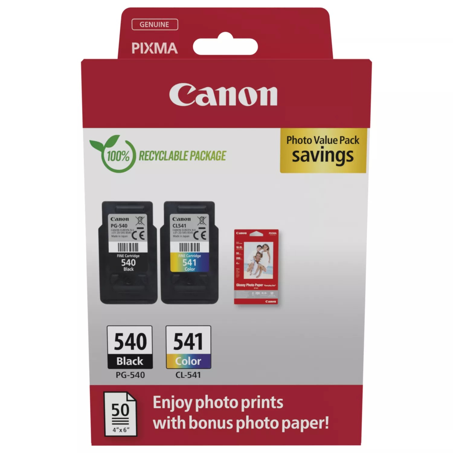 Original Canon PG-540 / CL-541 Black & Colour Combo Pack Ink Cartridges & Photo Paper (5225B013)