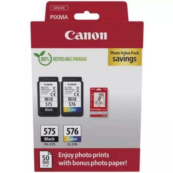 Original Canon PG-575 / CL-576 Black & Colour Combo Pack Ink Cartridges & Photo Paper (5438C004)