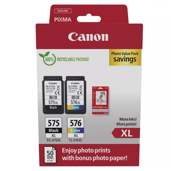 Original Canon PG-575XL / CL-576XL Black & Colour Combo Pack High Capacity Ink Cartridges & Photo Paper (5437C006)