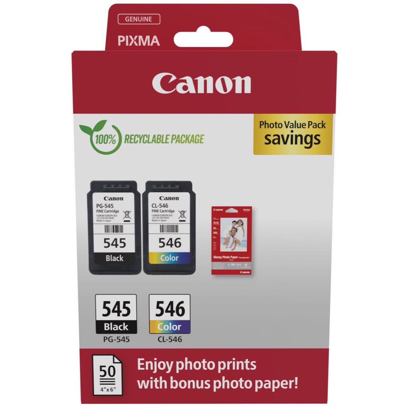 Original Canon PG-545 / CL-546 Black & Colour Combo Pack Ink Cartridges & Photo Paper (8287B008)